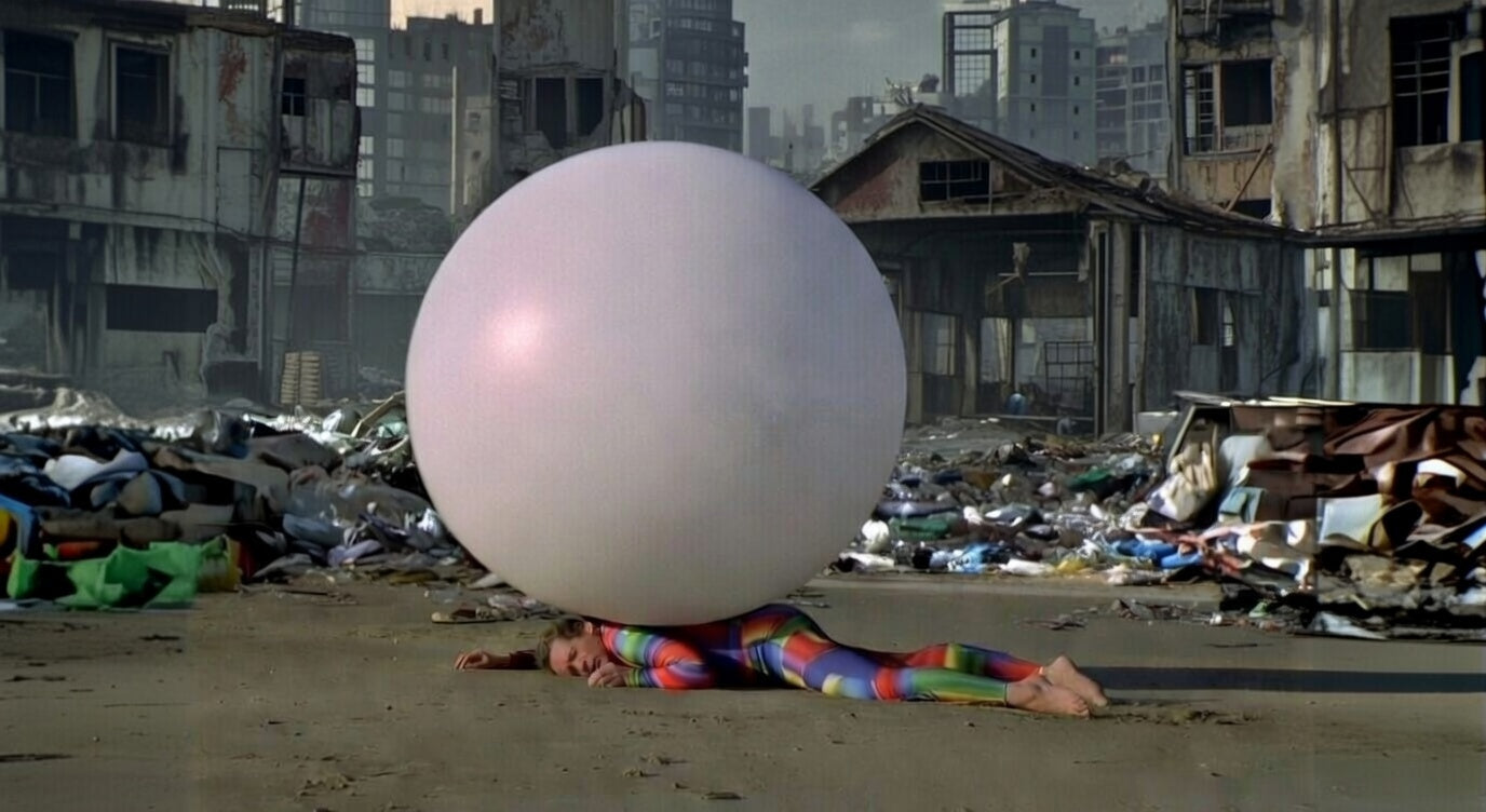 Person in colorful plastic outfit and large white alien sphere in a post-apocalyptic setting with ruined buildings.
