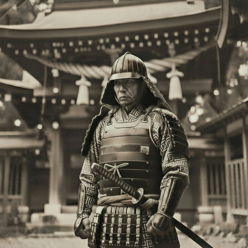 Person in traditional samurai armor standing in front of a temple.