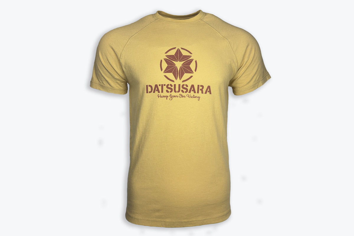 Tan t-shirt with a logo and text on a white background